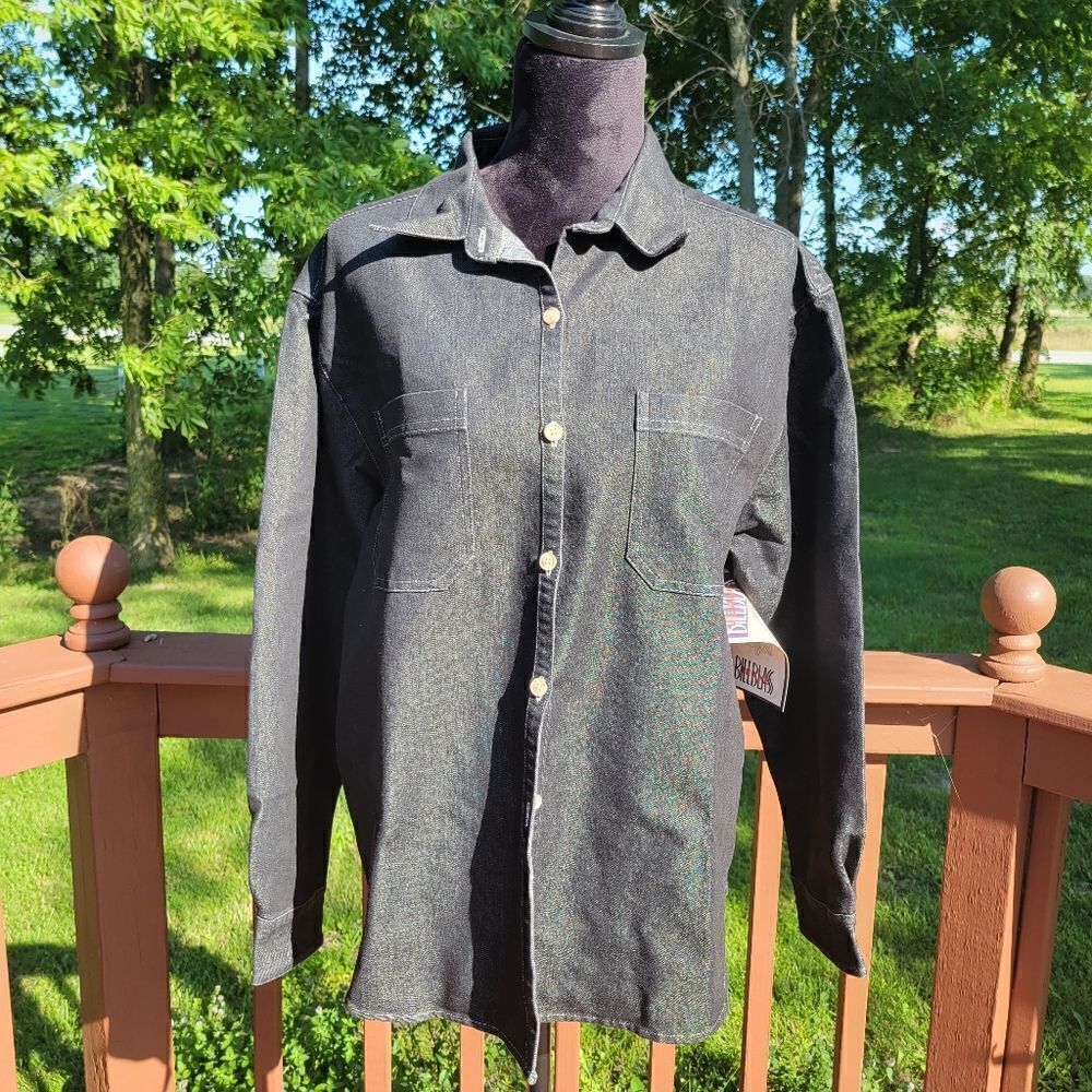 Qvc Bill Blass  Women's Black Denim Button Down Long Sleeve Blouse Top, sz Large
